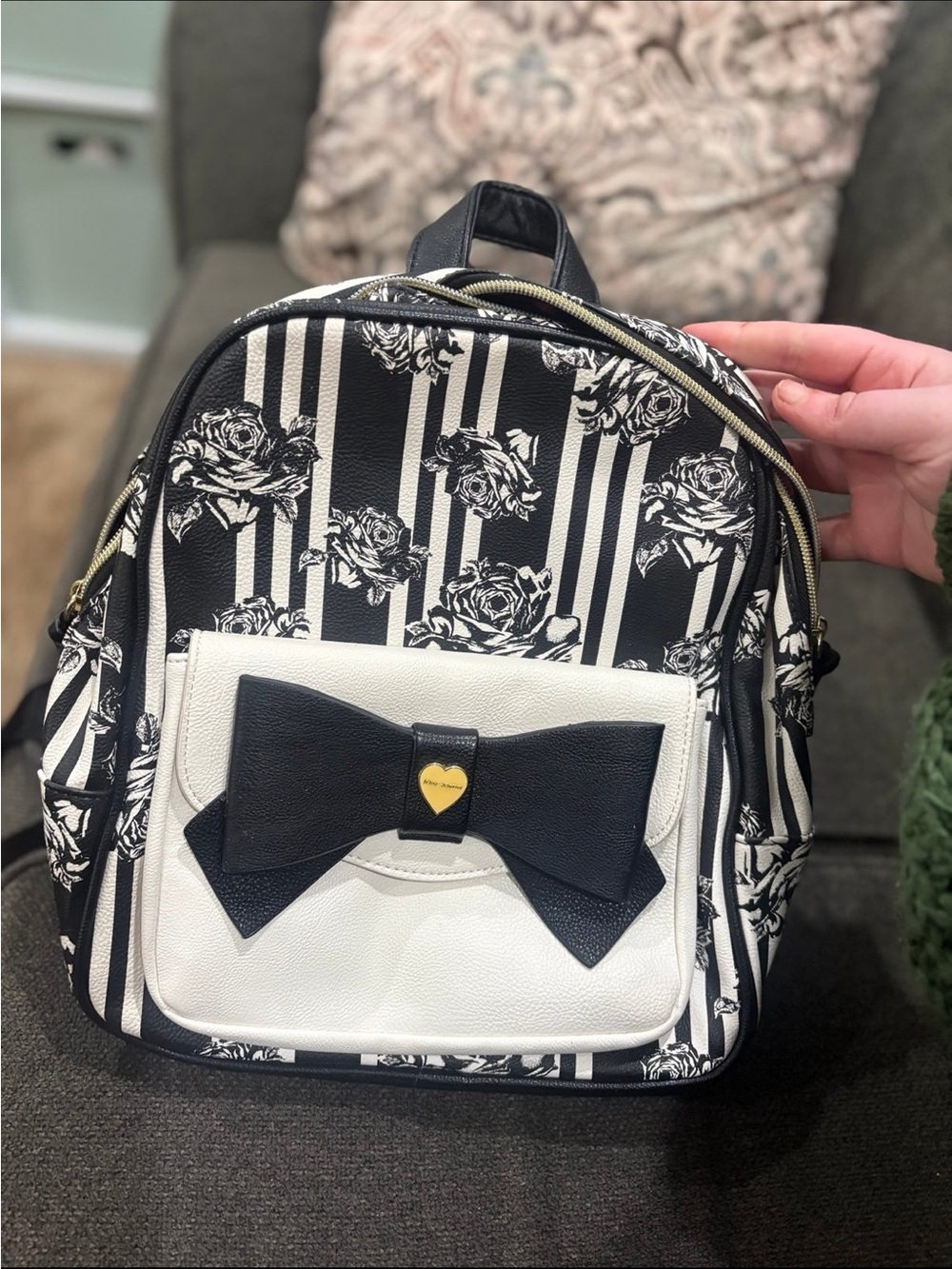 Betsey Johnson Black And White Striped Roses Backpack With Bow